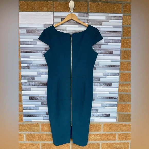 ROLAND MOURET JEDDLER TEAL CREPE CAP SLEEVE DRESS SIZE 14 - Picture 14 of 14